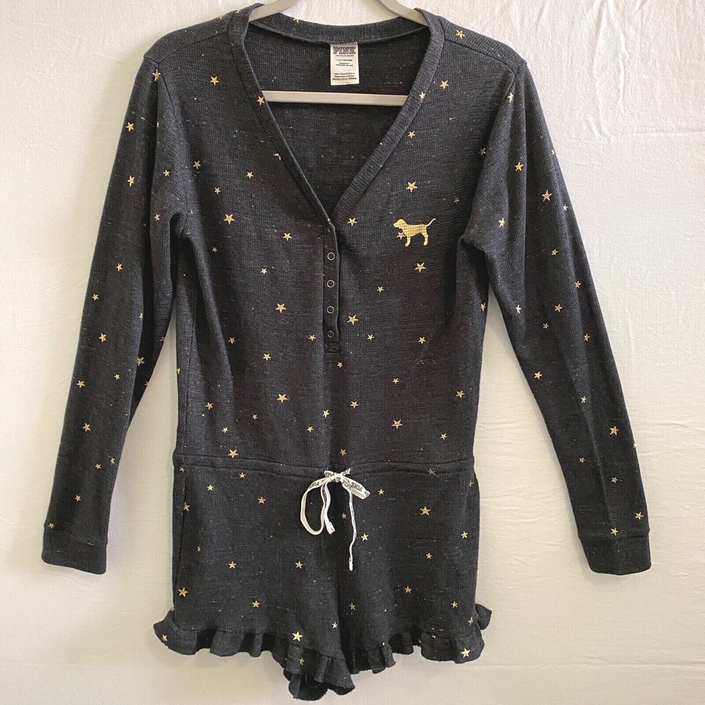 Pink Victoria’s Secret L Large Gray Gold Thermal Romper Pajamas Shorties